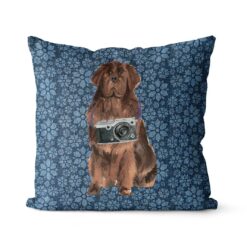 Newfoundland dog Inspired Denim Style Throw Pillow Cushion - Travel collection 17 Adventure is out there cushion Newfoundland Daisy Denim front view