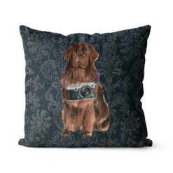 Newfoundland dog Inspired Denim Style Throw Pillow Cushion - Travel collection 16 Adventure is out there cushion Newfoundland Dark Damask Denim front view