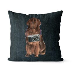 Newfoundland dog Inspired Denim Style Throw Pillow Cushion - Travel collection 15 Adventure is out there cushion Newfoundland Dark Denim front view
