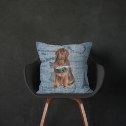 Newfoundland dog Inspired Denim Style Throw Pillow Cushion - Travel collection 13 Adventure is out there cushion Newfoundland Faded Ephemera Denim black chair