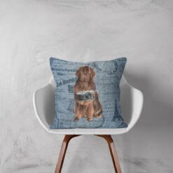 Newfoundland dog Inspired Denim Style Throw Pillow Cushion - Travel collection 11 Adventure is out there cushion Newfoundland Faded Ephemera Denim white chair