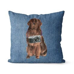 Newfoundland dog Inspired Denim Style Throw Pillow Cushion - Travel collection 14 Adventure is out there cushion Newfoundland Gently Faded Denim front view