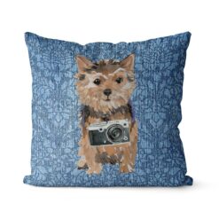 Norfolk Terrier dog Inspired Denim Style Throw Pillow Cushion - Travel collection 20 Adventure is out there cushion Norfolk Terrier Bleached Damask Denim front view