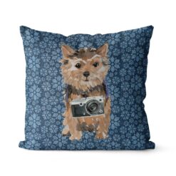 Norfolk Terrier dog Inspired Denim Style Throw Pillow Cushion - Travel collection 19 Adventure is out there cushion Norfolk Terrier Daisy Denim front view
