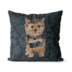 Norfolk Terrier dog Inspired Denim Style Throw Pillow Cushion - Travel collection 18 Adventure is out there cushion Norfolk Terrier Dark Damask Denim front view