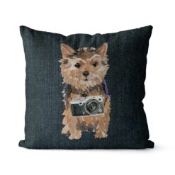 Norfolk Terrier dog Inspired Denim Style Throw Pillow Cushion - Travel collection 17 Adventure is out there cushion Norfolk Terrier Dark Denim front view