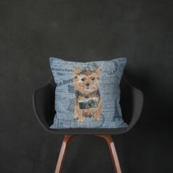 Norfolk Terrier dog Inspired Denim Style Throw Pillow Cushion - Travel collection 14 Adventure is out there cushion Norfolk Terrier Faded Ephemera Denim black chair