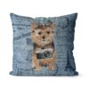 Norfolk Terrier dog Inspired Denim Style Throw Pillow Cushion - Travel collection 2 Adventure is out there cushion Norfolk Terrier Faded Ephemera Denim front view