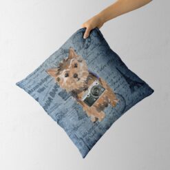 Norfolk Terrier dog Inspired Denim Style Throw Pillow Cushion - Travel collection 13 Adventure is out there cushion Norfolk Terrier Faded Ephemera Denim holding in hand
