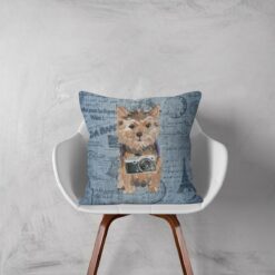 Norfolk Terrier dog Inspired Denim Style Throw Pillow Cushion - Travel collection 12 Adventure is out there cushion Norfolk Terrier Faded Ephemera Denim white chair