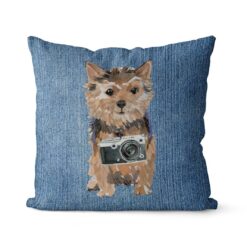 Norfolk Terrier dog Inspired Denim Style Throw Pillow Cushion - Travel collection 16 Adventure is out there cushion Norfolk Terrier Gently Faded Denim front view