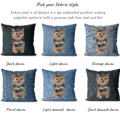 Norfolk Terrier dog Inspired Denim Style Throw Pillow Cushion - Travel collection 15 Adventure is out there cushion Norfolk Terrier variations