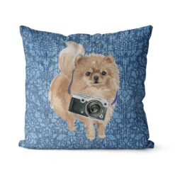 Pomeranian dog Inspired Denim Style Throw Pillow Cushion - Travel collection 18 Adventure is out there cushion Pomeranian Bleached Damask Denim front view