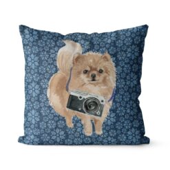 Pomeranian dog Inspired Denim Style Throw Pillow Cushion - Travel collection 17 Adventure is out there cushion Pomeranian Daisy Denim front view