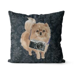 Pomeranian dog Inspired Denim Style Throw Pillow Cushion - Travel collection 16 Adventure is out there cushion Pomeranian Dark Damask Denim front view