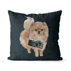 Pomeranian dog Inspired Denim Style Throw Pillow Cushion - Travel collection 15 Adventure is out there cushion Pomeranian Dark Denim front view