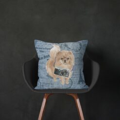 Pomeranian dog Inspired Denim Style Throw Pillow Cushion - Travel collection 13 Adventure is out there cushion Pomeranian Faded Ephemera Denim black chair