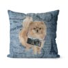 Pomeranian dog Inspired Denim Style Throw Pillow Cushion - Travel collection 2 Adventure is out there cushion Pomeranian Faded Ephemera Denim front view