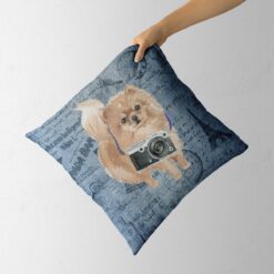 Pomeranian dog Inspired Denim Style Throw Pillow Cushion - Travel collection 12 Adventure is out there cushion Pomeranian Faded Ephemera Denim holding in hand