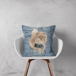 Pomeranian dog Inspired Denim Style Throw Pillow Cushion - Travel collection 11 Adventure is out there cushion Pomeranian Faded Ephemera Denim white chair