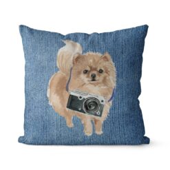 Pomeranian dog Inspired Denim Style Throw Pillow Cushion - Travel collection 14 Adventure is out there cushion Pomeranian Gently Faded Denim front view