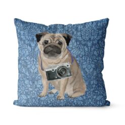 Pug dog Inspired Denim Style Throw Pillow Cushion - Travel collection 18 Adventure is out there cushion Pug Bleached Damask Denim front view