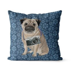 Pug dog Inspired Denim Style Throw Pillow Cushion - Travel collection 17 Adventure is out there cushion Pug Daisy Denim front view