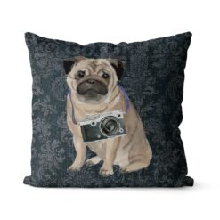 Pug dog Inspired Denim Style Throw Pillow Cushion - Travel collection 16 Adventure is out there cushion Pug Dark Damask Denim front view