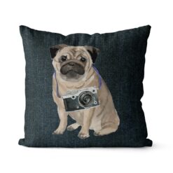 Pug dog Inspired Denim Style Throw Pillow Cushion - Travel collection 15 Adventure is out there cushion Pug Dark Denim front view