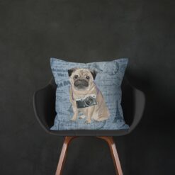 Pug dog Inspired Denim Style Throw Pillow Cushion - Travel collection 13 Adventure is out there cushion Pug Faded Ephemera Denim black chair