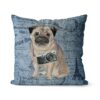 Pug dog Inspired Denim Style Throw Pillow Cushion - Travel collection 2 Adventure is out there cushion Pug Faded Ephemera Denim front view