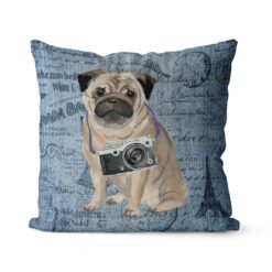 Pug dog Inspired Denim Style Throw Pillow Cushion - Travel collection