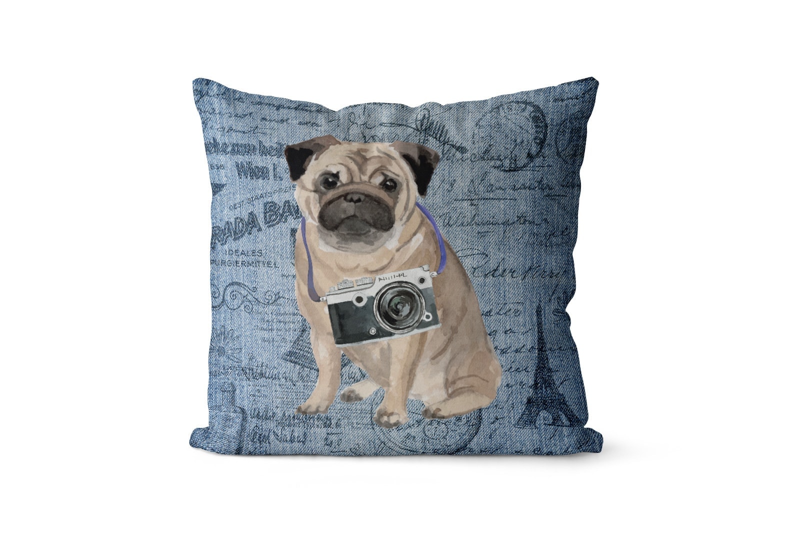 Pug dog Inspired Denim Style Throw Pillow Cushion - Travel collection 2 Pug dog Inspired Denim Style Throw Pillow Cushion - Travel collection
