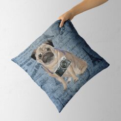 Pug dog Inspired Denim Style Throw Pillow Cushion - Travel collection 12 Adventure is out there cushion Pug Faded Ephemera Denim holding in hand