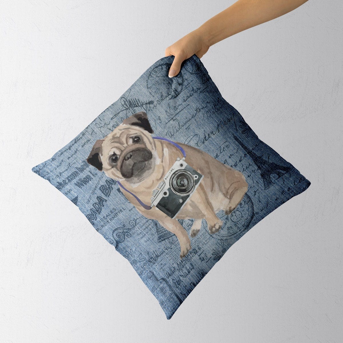 Pug dog Inspired Denim Style Throw Pillow Cushion - Travel collection 4 Pug dog Inspired Denim Style Throw Pillow Cushion - Travel collection - Image 3