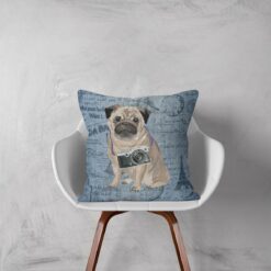 Pug dog Inspired Denim Style Throw Pillow Cushion - Travel collection 11 Adventure is out there cushion Pug Faded Ephemera Denim white chair