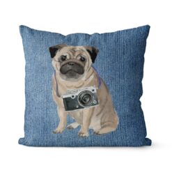 Pug dog Inspired Denim Style Throw Pillow Cushion - Travel collection 14 Adventure is out there cushion Pug Gently Faded Denim front view