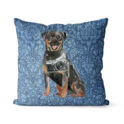 Rottweiler dog Inspired Denim Style Throw Pillow Cushion - Travel collection 18 Adventure is out there cushion Rottweiler Bleached Damask Denim front view