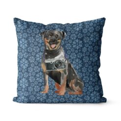 Rottweiler dog Inspired Denim Style Throw Pillow Cushion - Travel collection 17 Adventure is out there cushion Rottweiler Daisy Denim front view