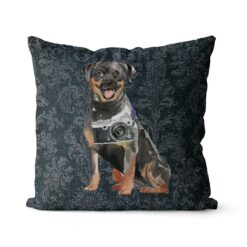 Rottweiler dog Inspired Denim Style Throw Pillow Cushion - Travel collection 16 Adventure is out there cushion Rottweiler Dark Damask Denim front view