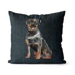Rottweiler dog Inspired Denim Style Throw Pillow Cushion - Travel collection 15 Adventure is out there cushion Rottweiler Dark Denim front view