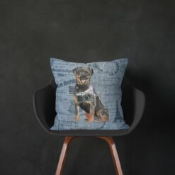 Rottweiler dog Inspired Denim Style Throw Pillow Cushion - Travel collection 13 Adventure is out there cushion Rottweiler Faded Ephemera Denim black chair