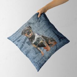 Rottweiler dog Inspired Denim Style Throw Pillow Cushion - Travel collection 12 Adventure is out there cushion Rottweiler Faded Ephemera Denim holding in hand