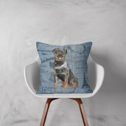 Rottweiler dog Inspired Denim Style Throw Pillow Cushion - Travel collection 11 Adventure is out there cushion Rottweiler Faded Ephemera Denim white chair