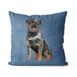Rottweiler dog Inspired Denim Style Throw Pillow Cushion - Travel collection 14 Adventure is out there cushion Rottweiler Gently Faded Denim front view