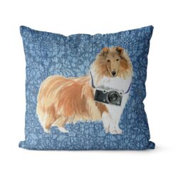 Adventure is out there cushion Rough Collie Bleached Damask Denim front view
