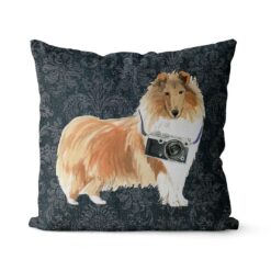Adventure is out there cushion Rough Collie Dark Damask Denim front view