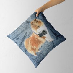 Adventure is out there cushion Rough Collie Faded Ephemera Denim holding in hand