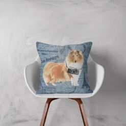 Adventure is out there cushion Rough Collie Faded Ephemera Denim white chair