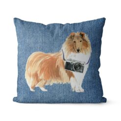 Adventure is out there cushion Rough Collie Gently Faded Denim front view